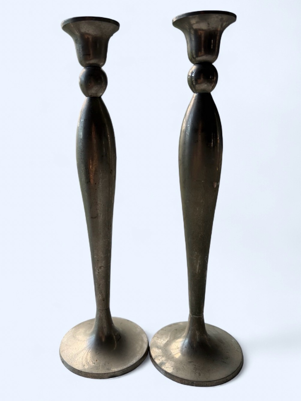 Vintage 1980s Fluted Teardrop Candlesticks Pair 13.5” Heavy Brushed Pewter